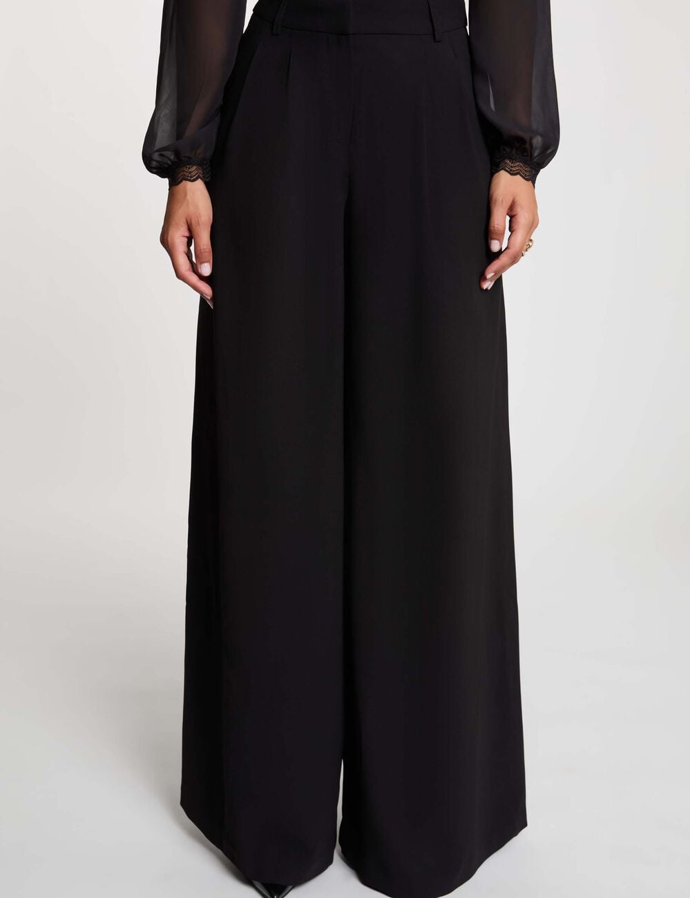 Pantalon large taille haute noir femme
