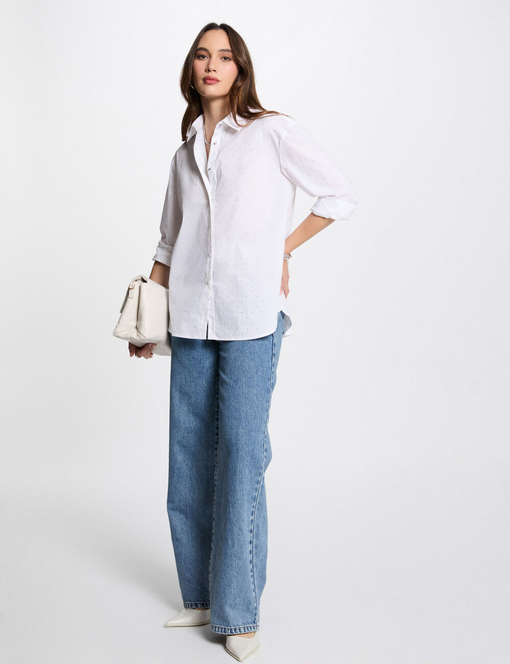 Chemise manches longues strass blanc femme