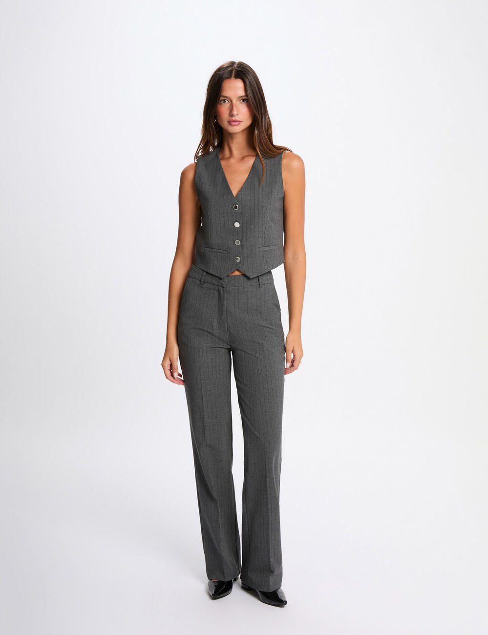 Pantalon droit rayé gris à taille haute - La Fée Maraboutée