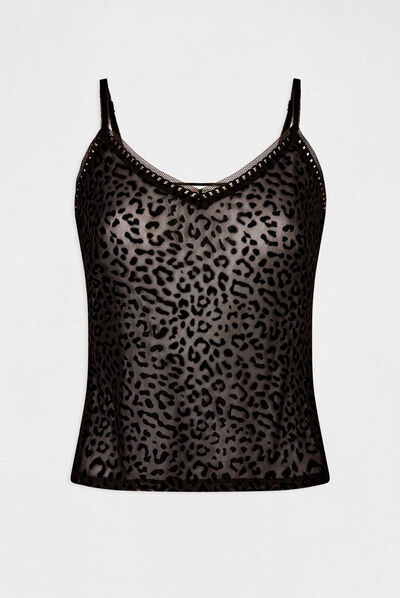 Débardeur dentelle imprimé animalier noir femme