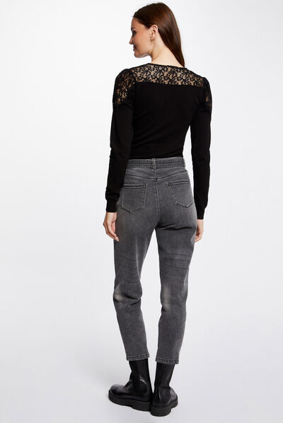 Pull manches longues à dentelle noir femme