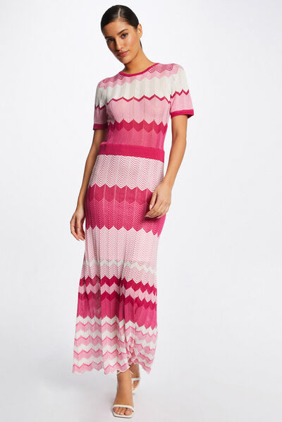 Robe pull longue droite imprimé chevron rose fonce femme