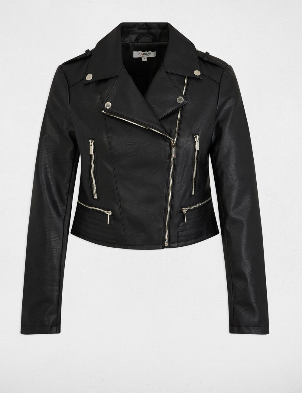Blouson droit avec col crant&eacute; &agrave; revers noir femme