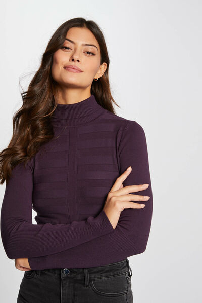 Pull manches longues col roulé framboise femme