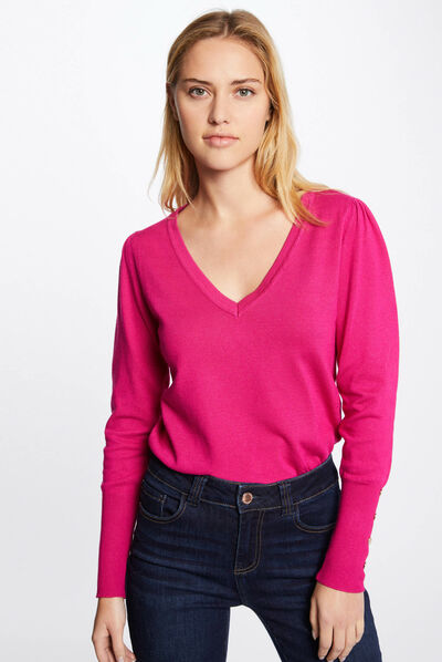 Pull manches longues avec col en V rose fonce femme