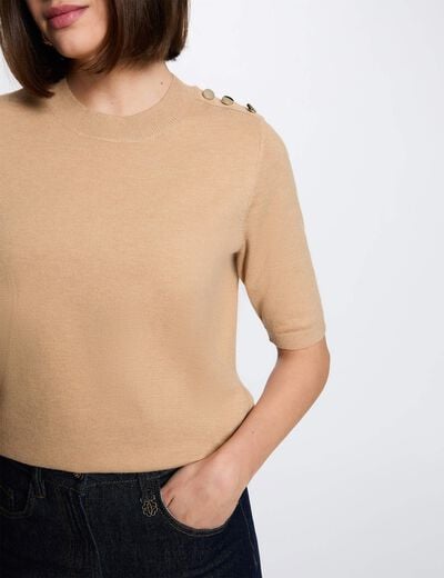 Pull col rond manches courtes beige femme