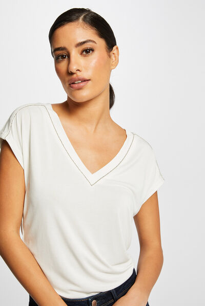 T-shirt manches courtes à col en V ecru femme