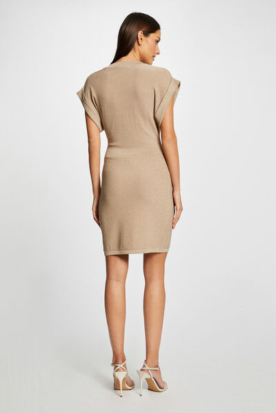 Robe pull ajustée manches courtes taupe femme
