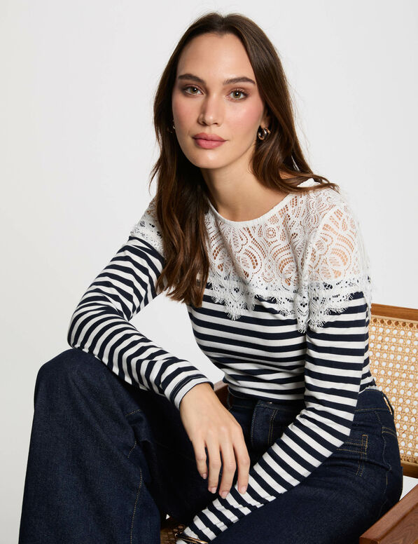 T-shirt manches longues rayé blanc femme
