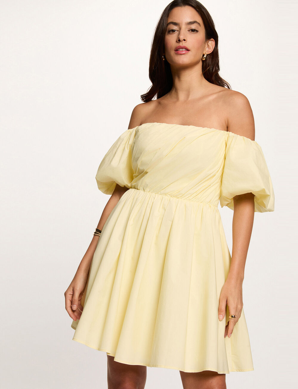 Robe courte manches bouffantes jaune pastel femme