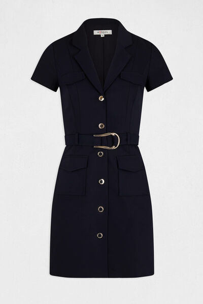 Robe droite boutonnée ceinturée marine femme
