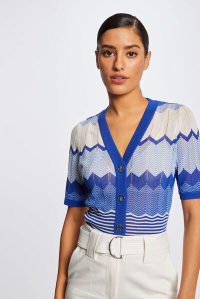 Pull manches courtes imprimé chevron bleu moyen femme