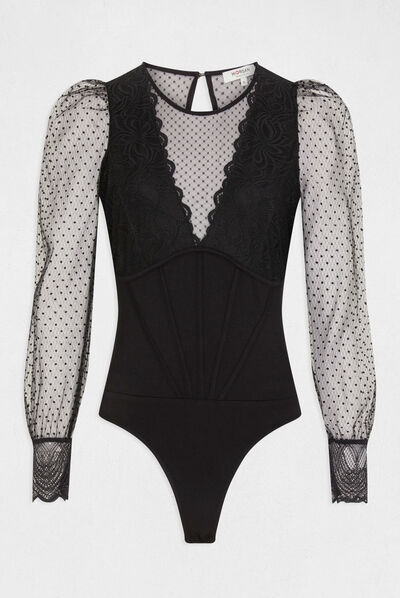 Body manches longues en plumetis noir femme
