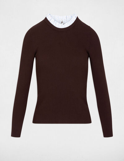 Pull col rond volant marron fonc&eacute; femme