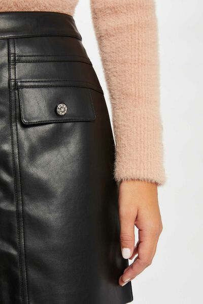 Jupe droite boutonnée simili cuir noir femme