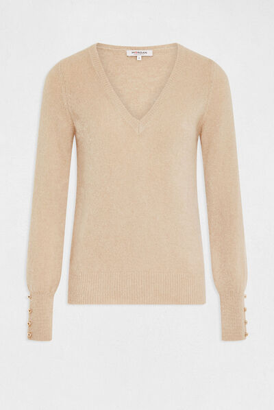 Pull manches longues col en V beige femme