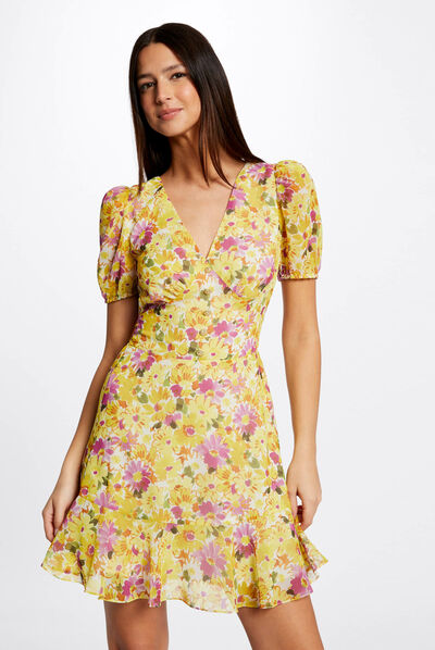 Robe trap&egrave;ze &agrave; volants imprim&eacute; floral multico femme