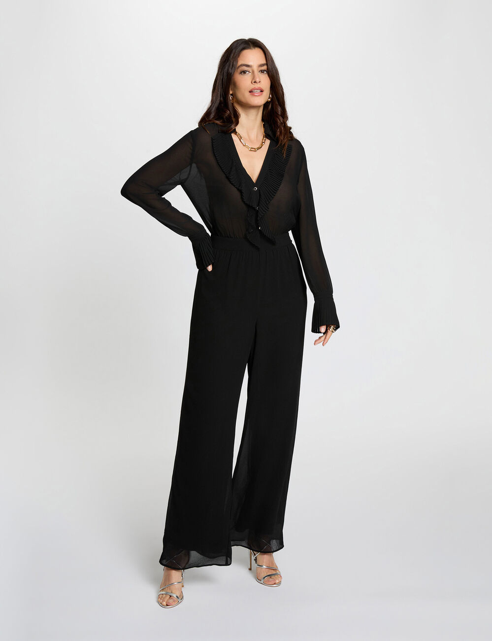 Combinaison fluide col &agrave; revers noir femme