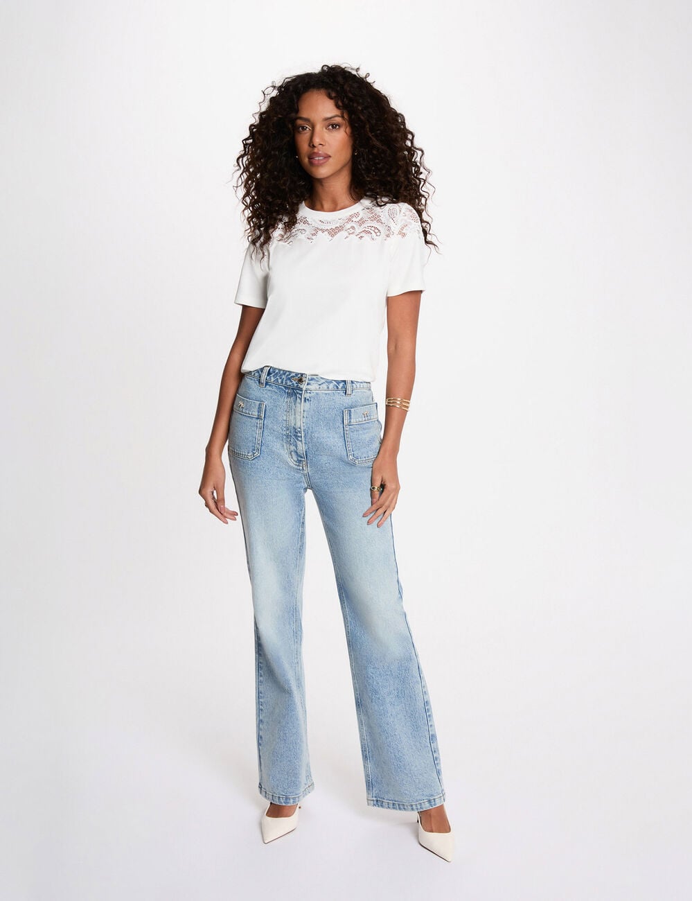 T-shirt dentelle manches courtes blanc femme