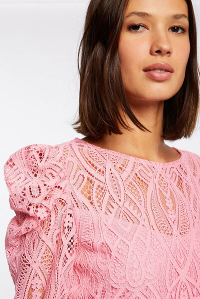T-shirt manches longues à dentelle rose moyen femme