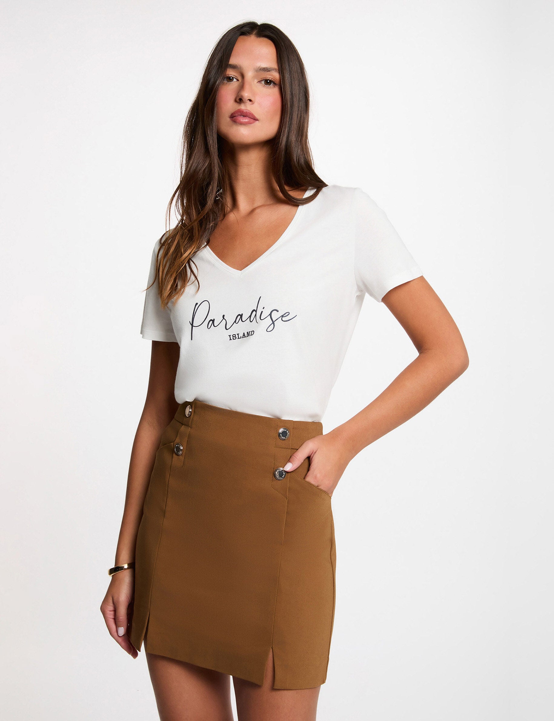 Jupe courte à boutons camel femme