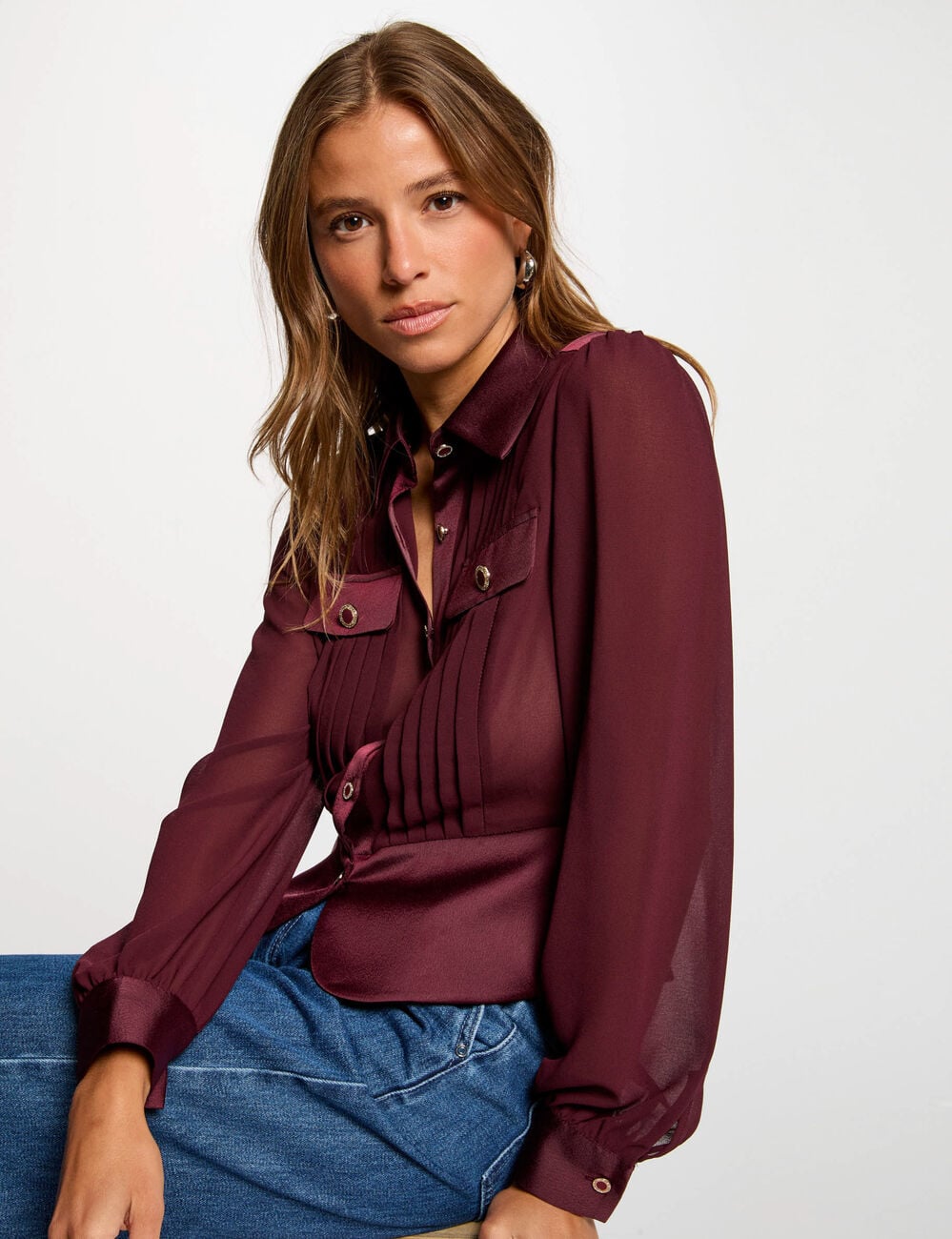 Chemise satin&eacute;e cintr&eacute;e prune femme