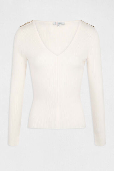 Pull manches longues avec col en V ivoire femme