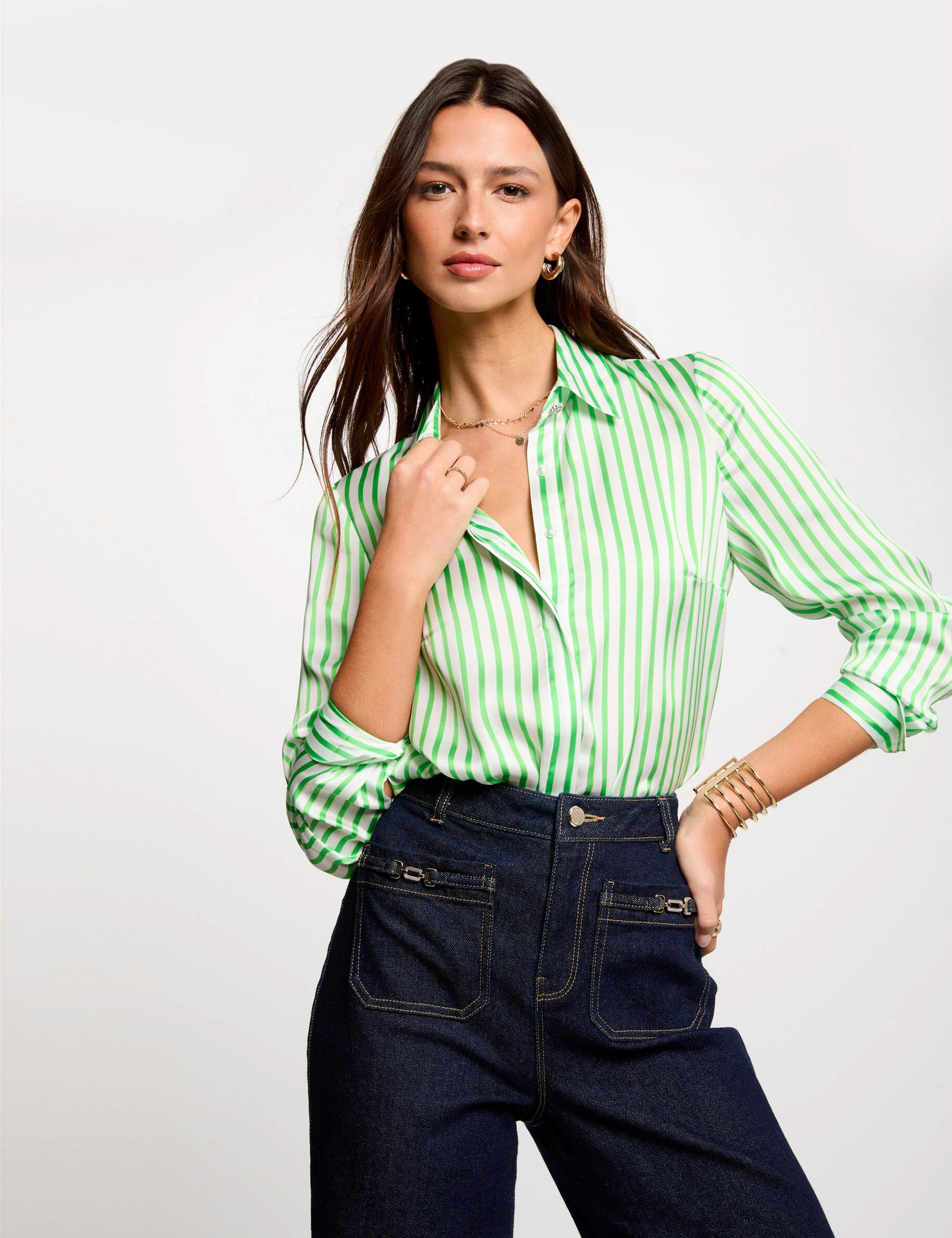 Chemise manches longues rayée vert femme