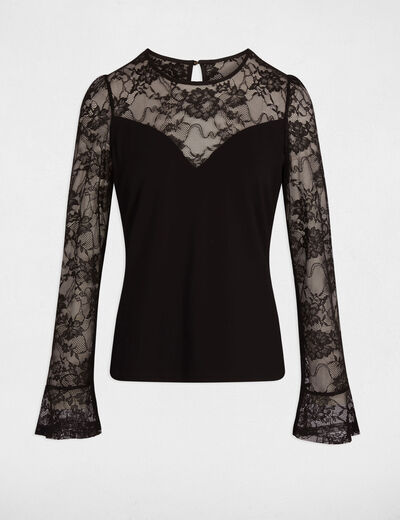 T-shirt dentelle cintr&eacute; noir femme