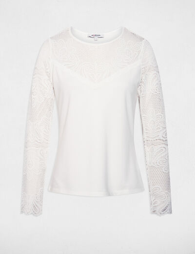 T-shirt dentelle manches longues blanc femme