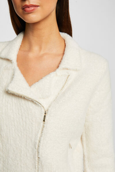 Gilet zippé maille duveteuse ivoire femme