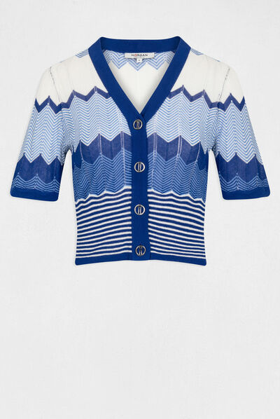 Pull manches courtes imprimé chevron bleu moyen femme