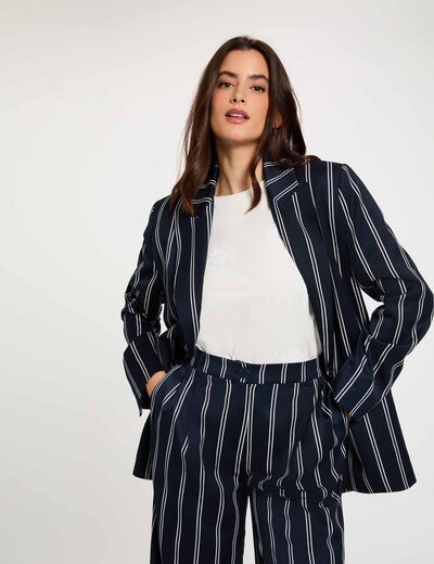 Blazer ray&eacute; col tailleur bleu marine femme