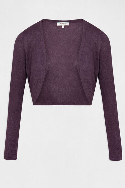 Gilet manches longues col ouvert prune femme