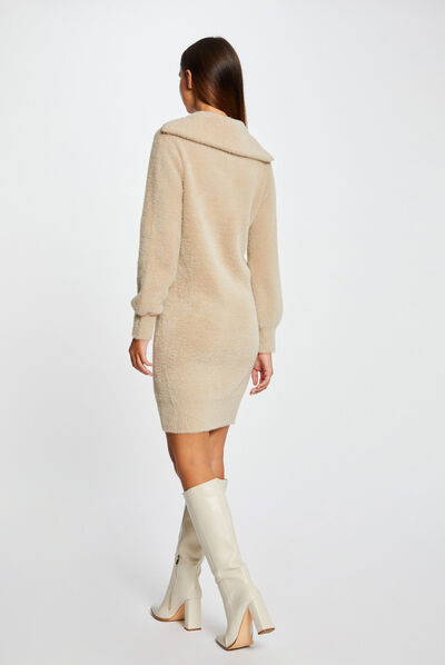 Robe pull droite avec col camionneur beige femme