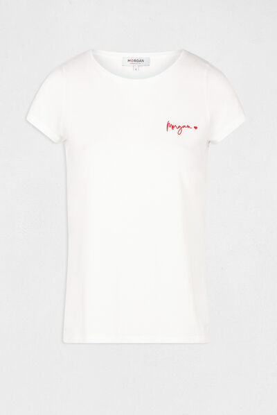 T-shirt manches courtes avec broderie ecru femme