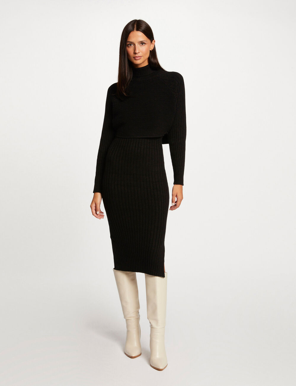 Robe pull midi ajustée effet 2-en-1 noir femme