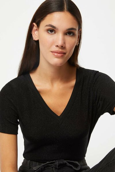 T-shirt manches courtes avec col en V noir femme
