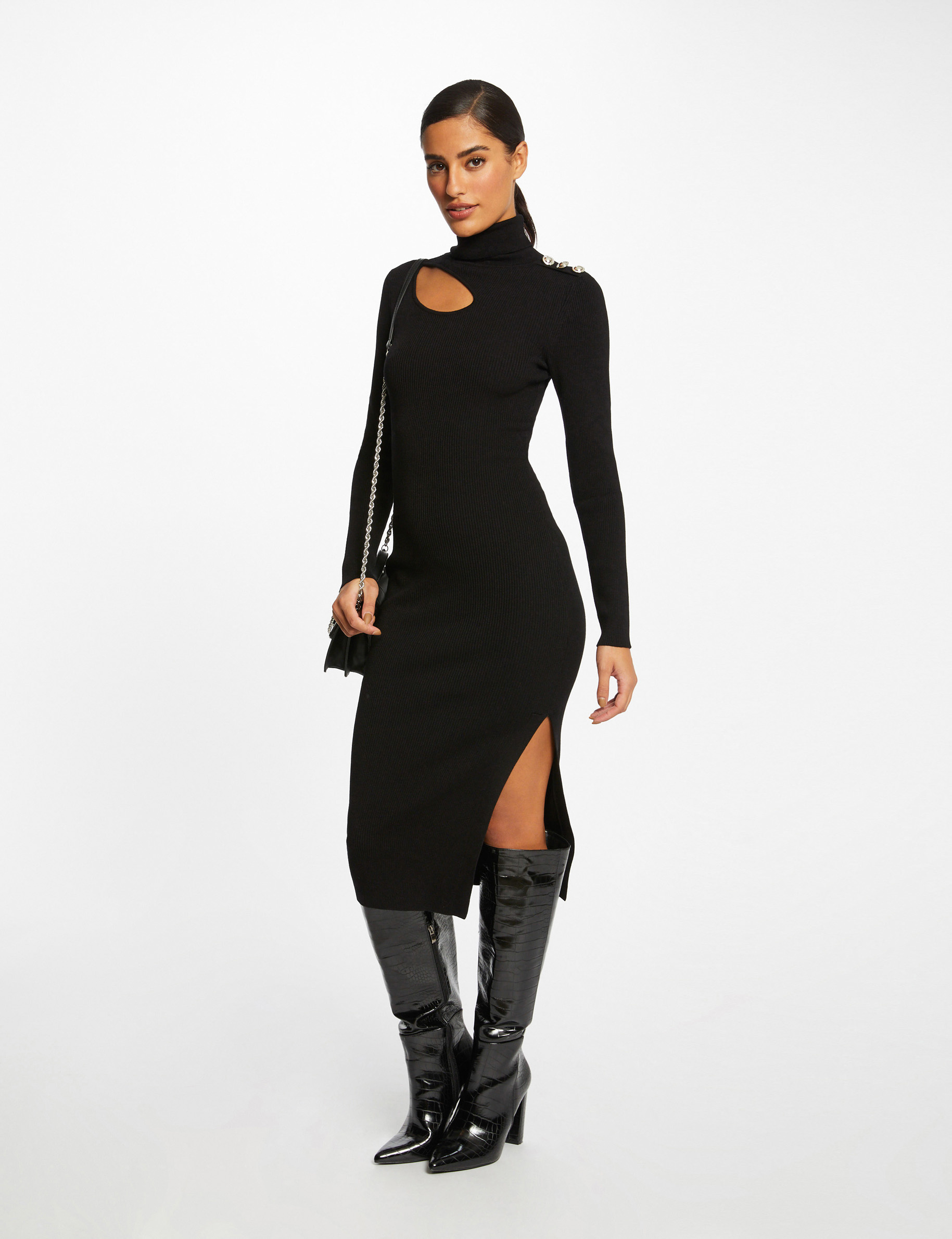 Robe pull longue ajustée fendue noir femme Robe pull longue ajustée fendue noir femme