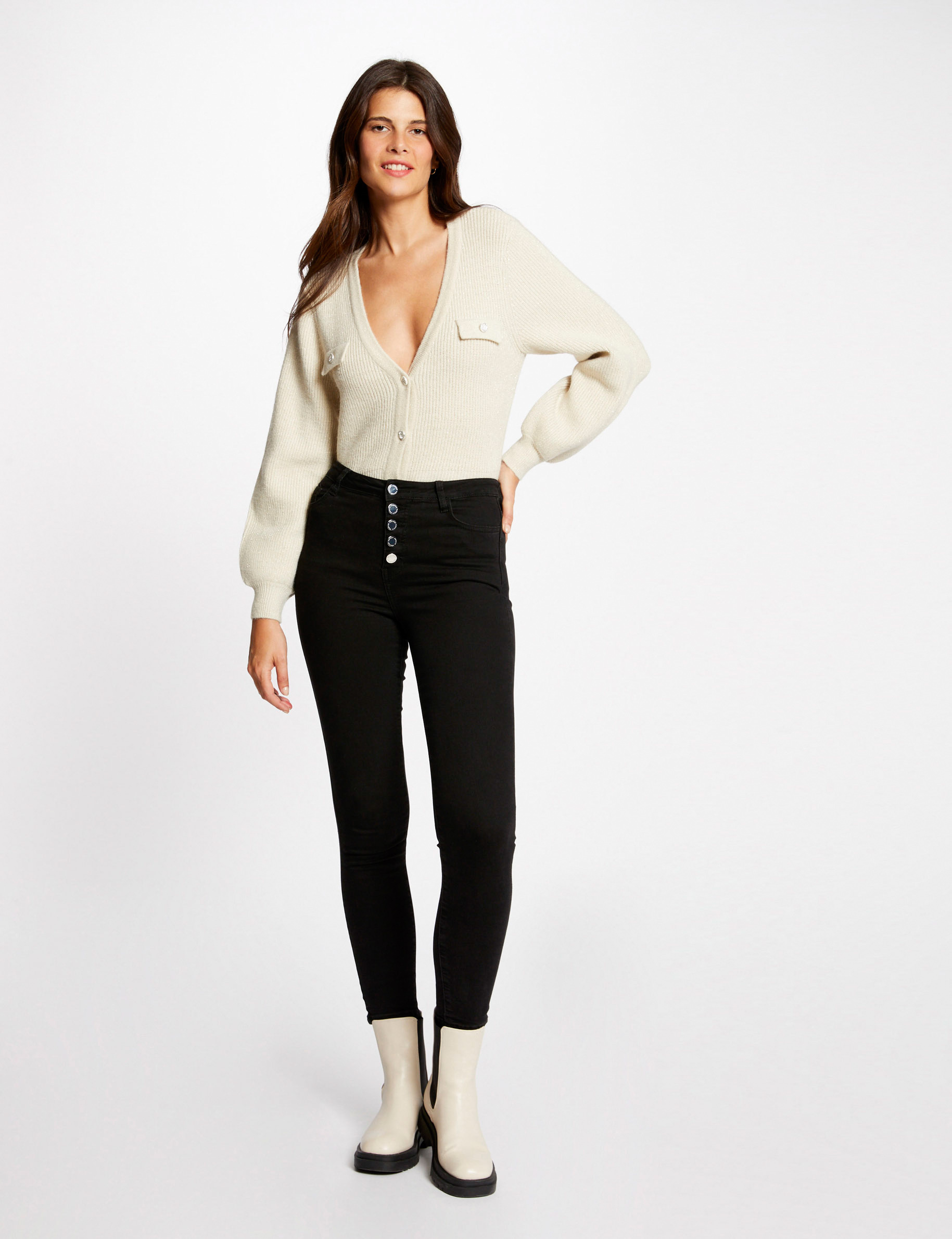 Gilet manches longues à col en V beige femme Gilet manches longues à col en V beige femme