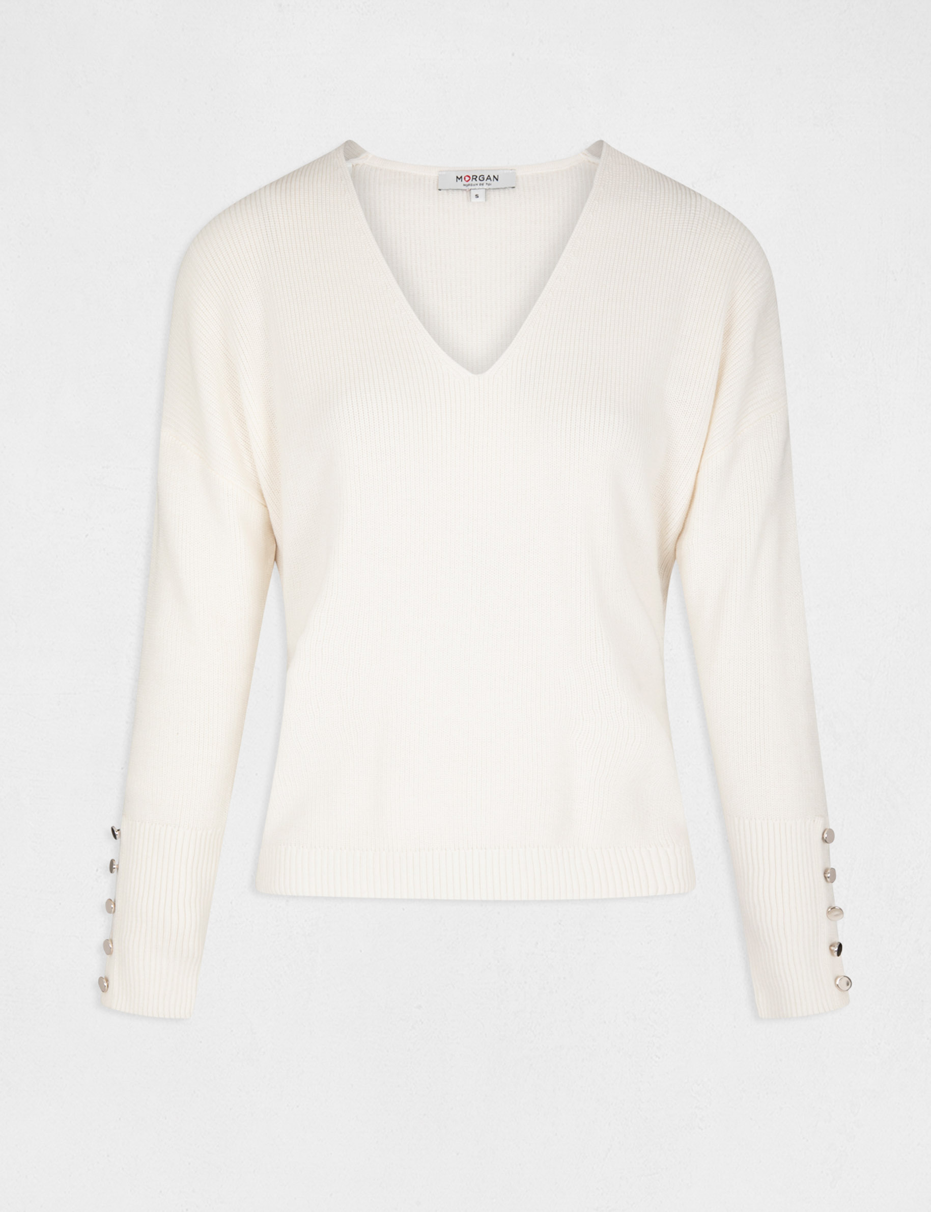 Pull manches longues à col en V ecru moyen femme Pull manches longues à col en V ecru moyen femme