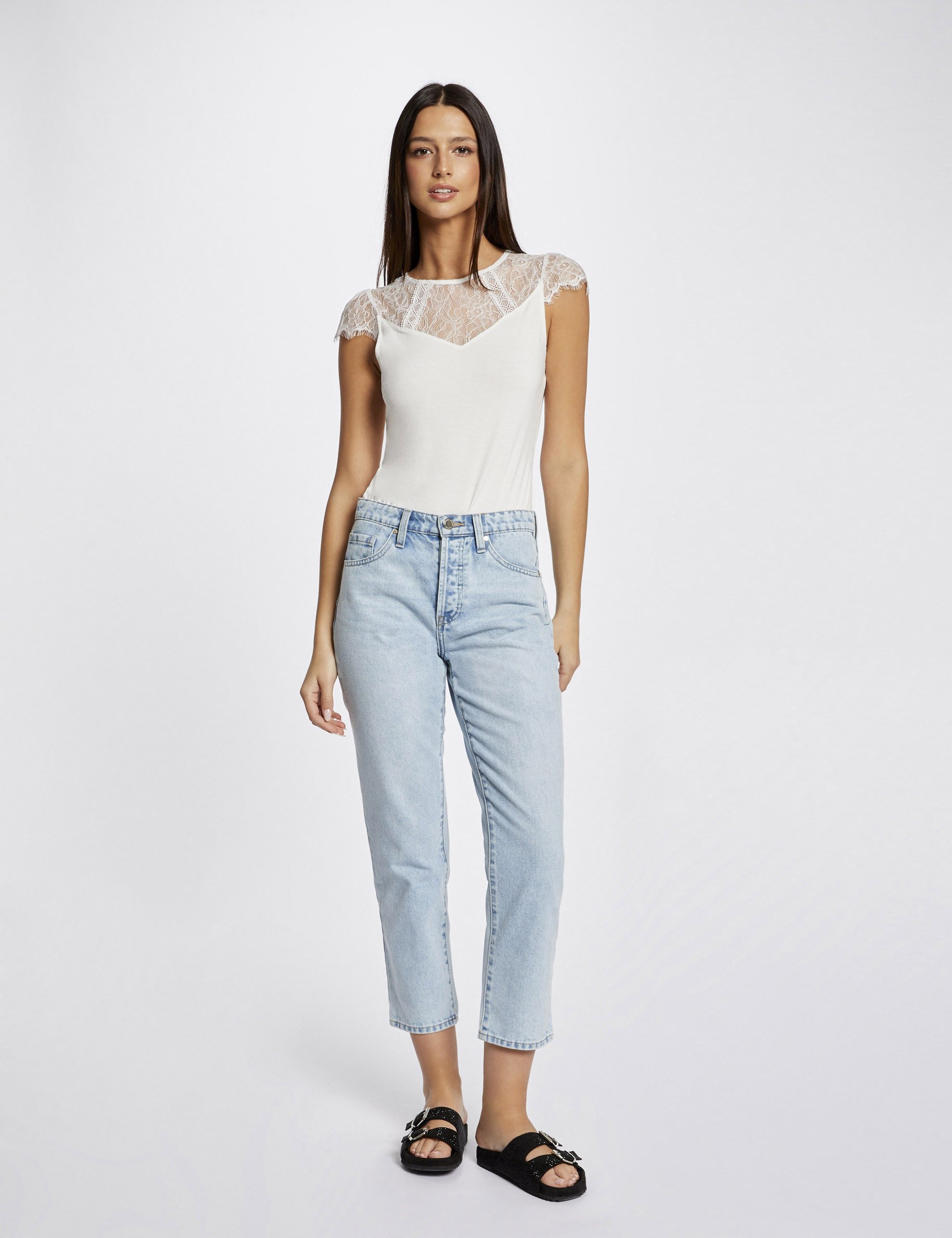 t shirt manches courtes a dentelle ivoire femme T-shirt manches courtes à dentelle ivoire femme