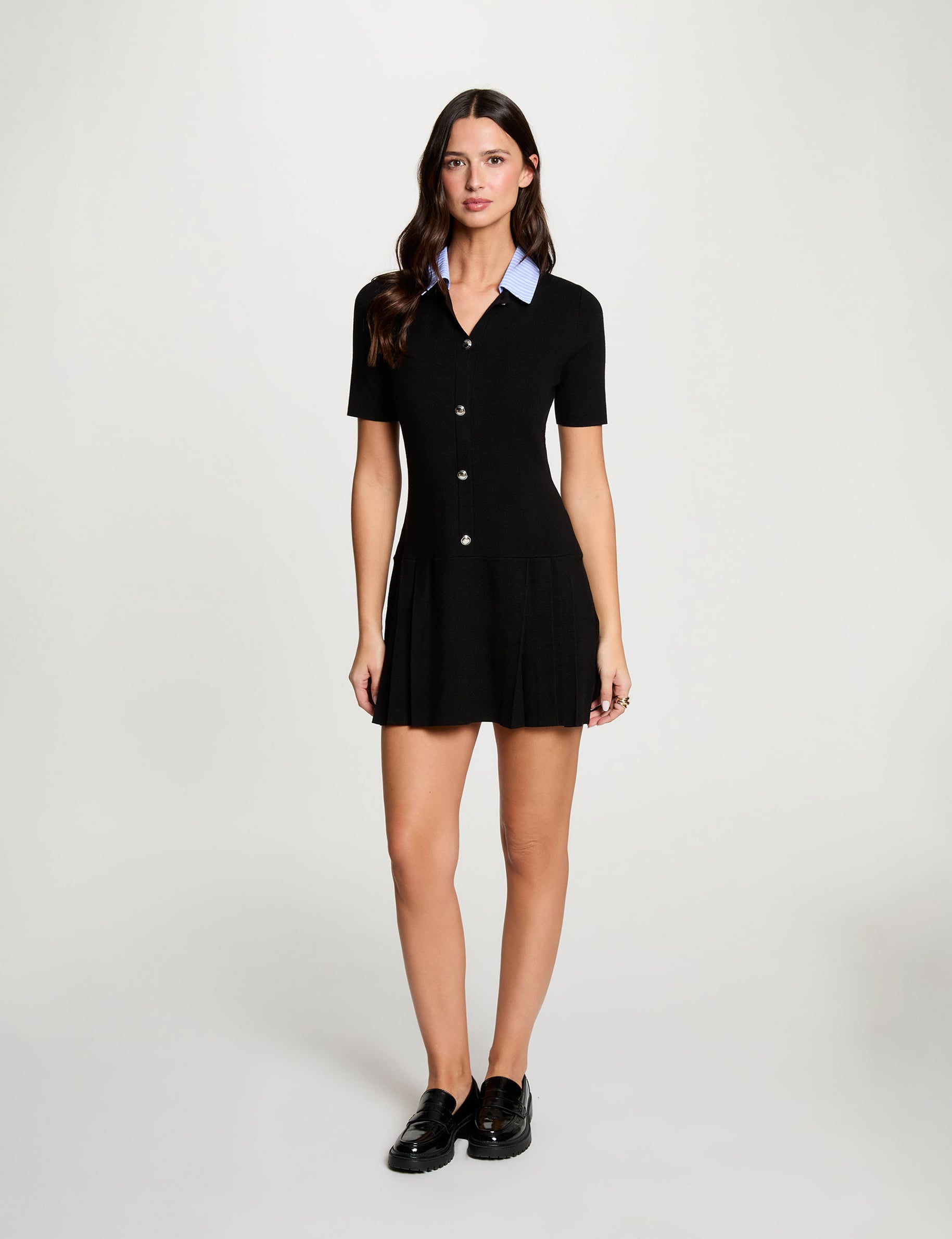 Robe tricot col chemise noir femme