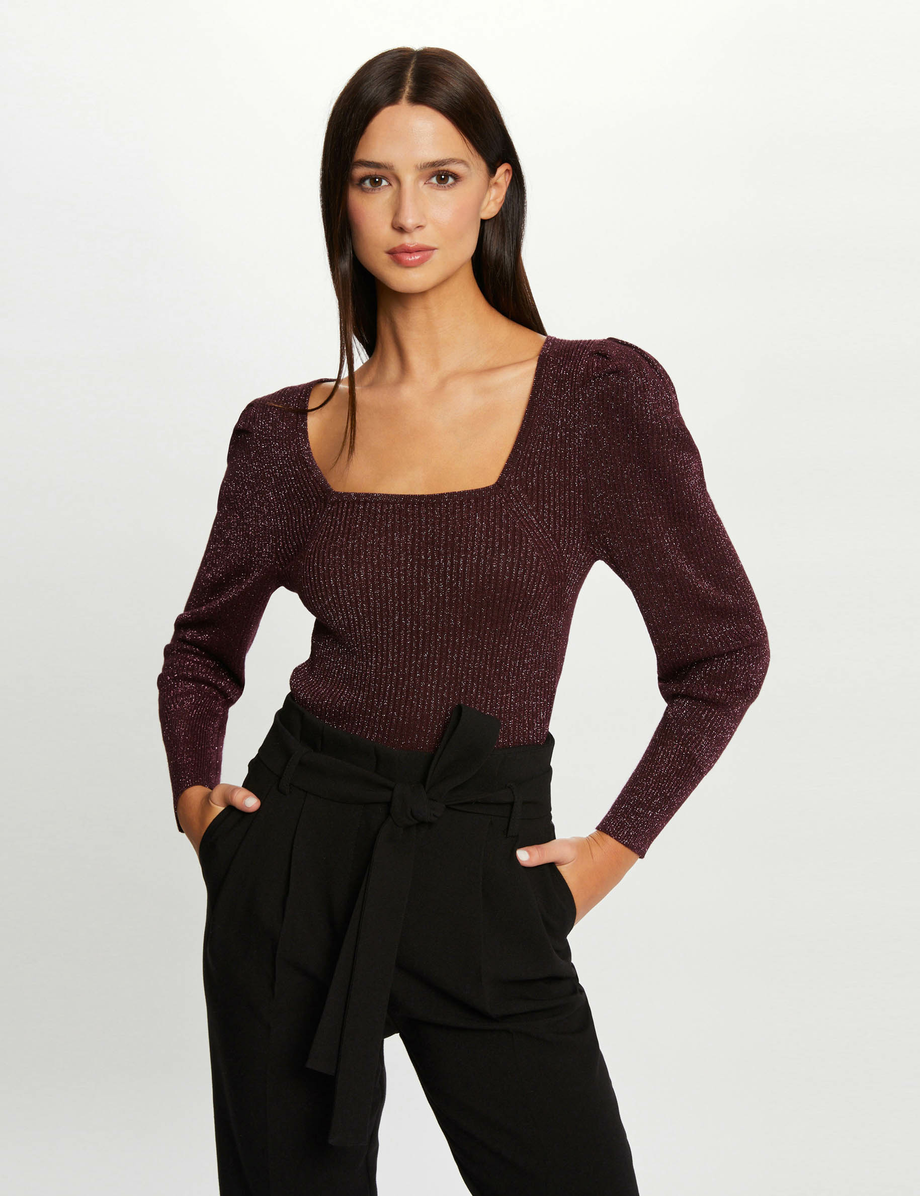 Pull manches longues encolure carrée prune femme