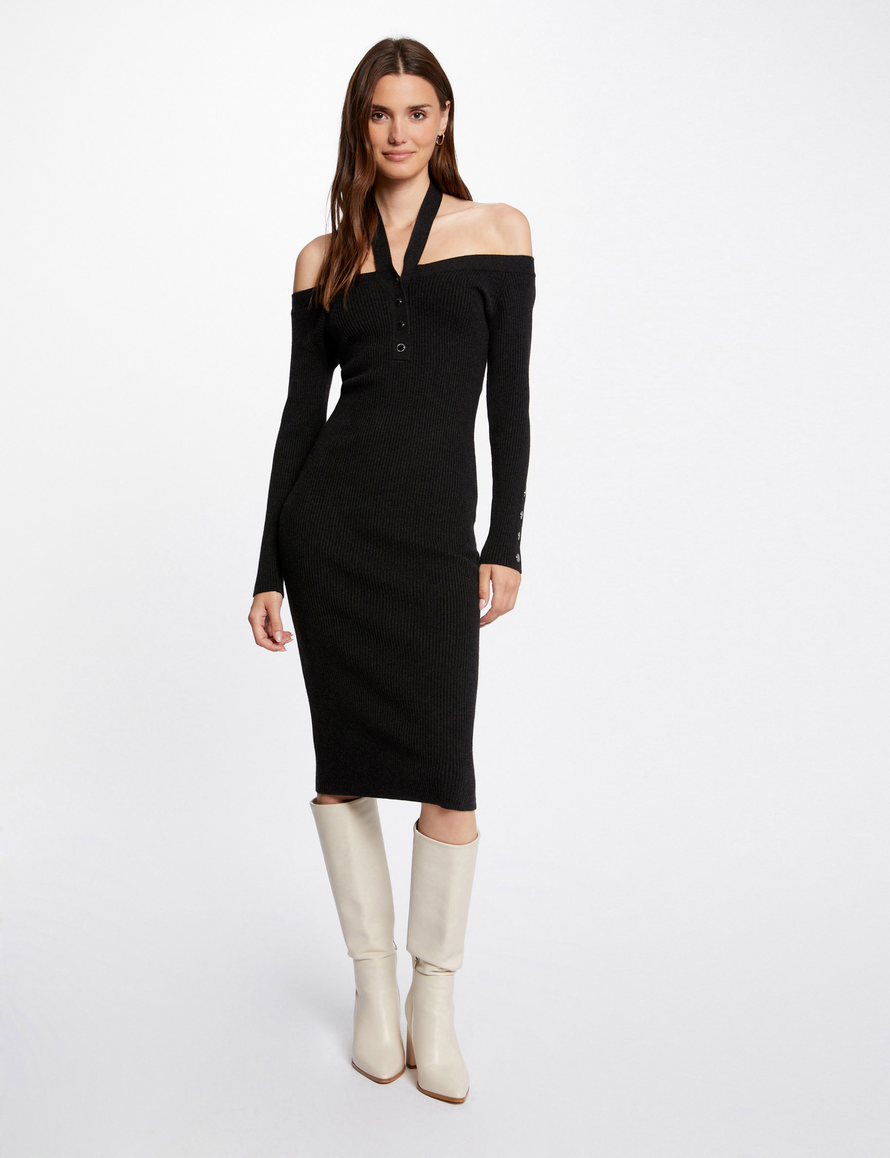Robe pull ajustée col bardot gris anthracite femme