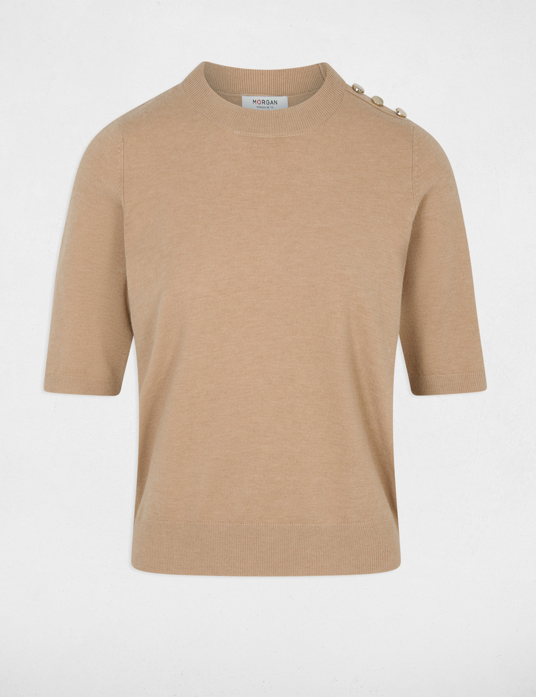 Pull col rond manches courtes beige femme