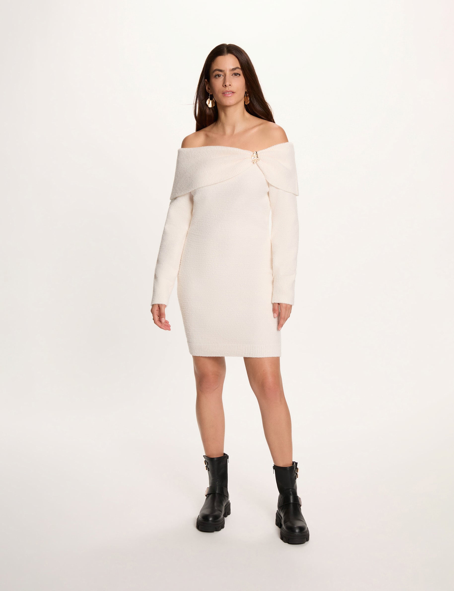 Robe tricot col bardot ivoire femme