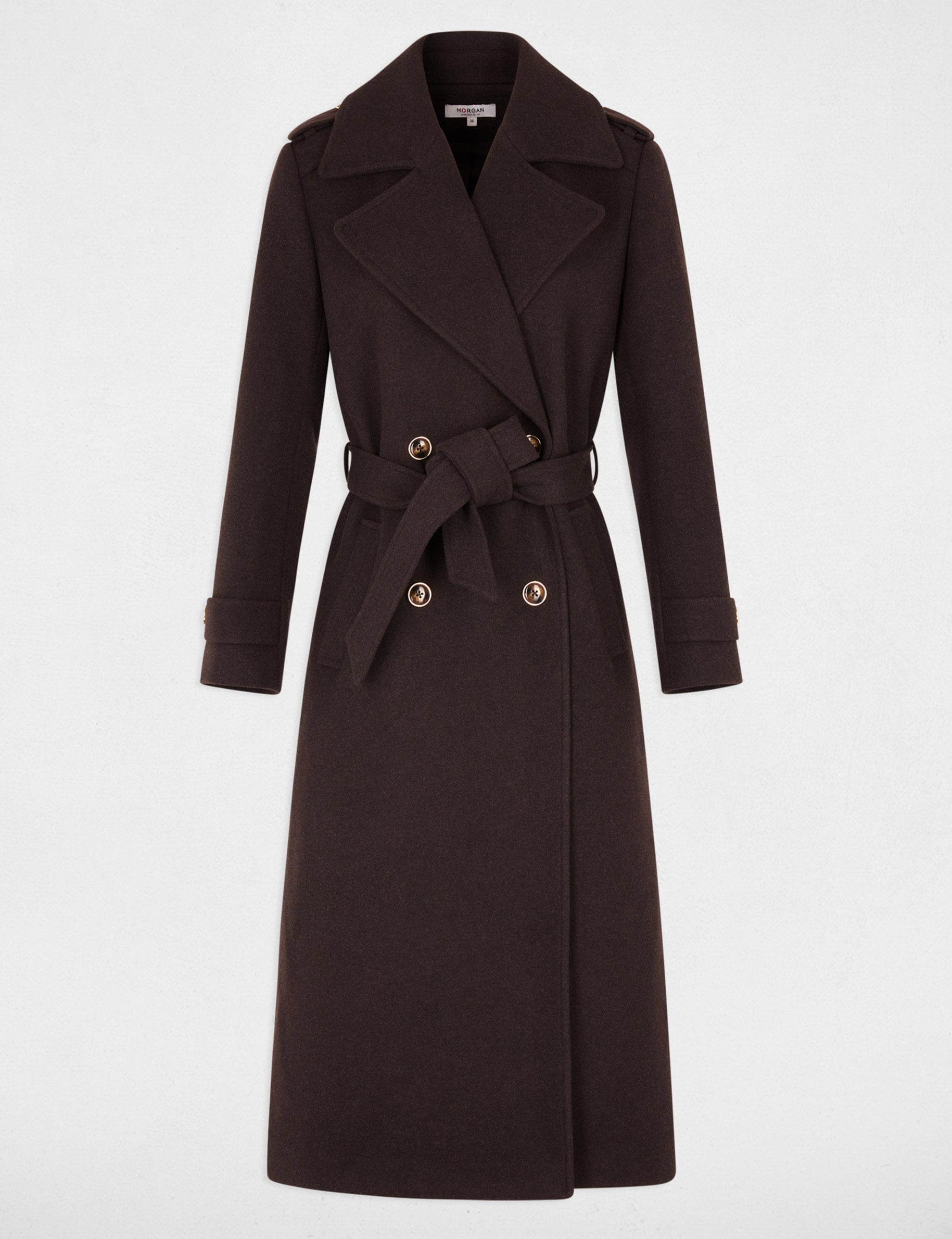 Manteau long ceintur&eacute; marron fonc&eacute; femme