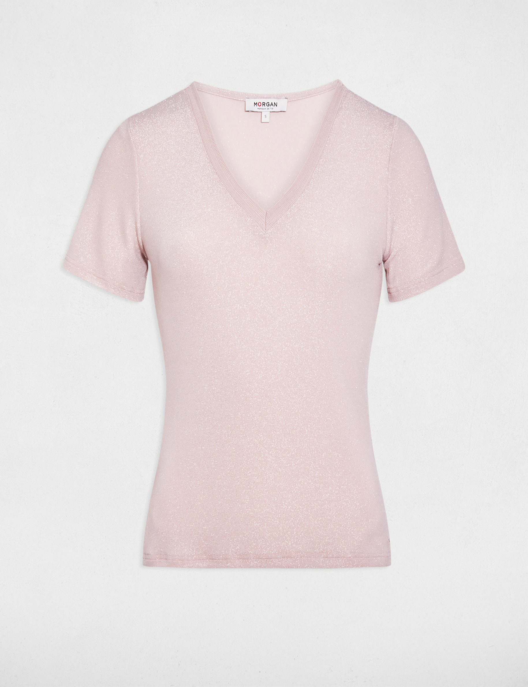 T-shirt manches courtes avec col en V rose clair femme