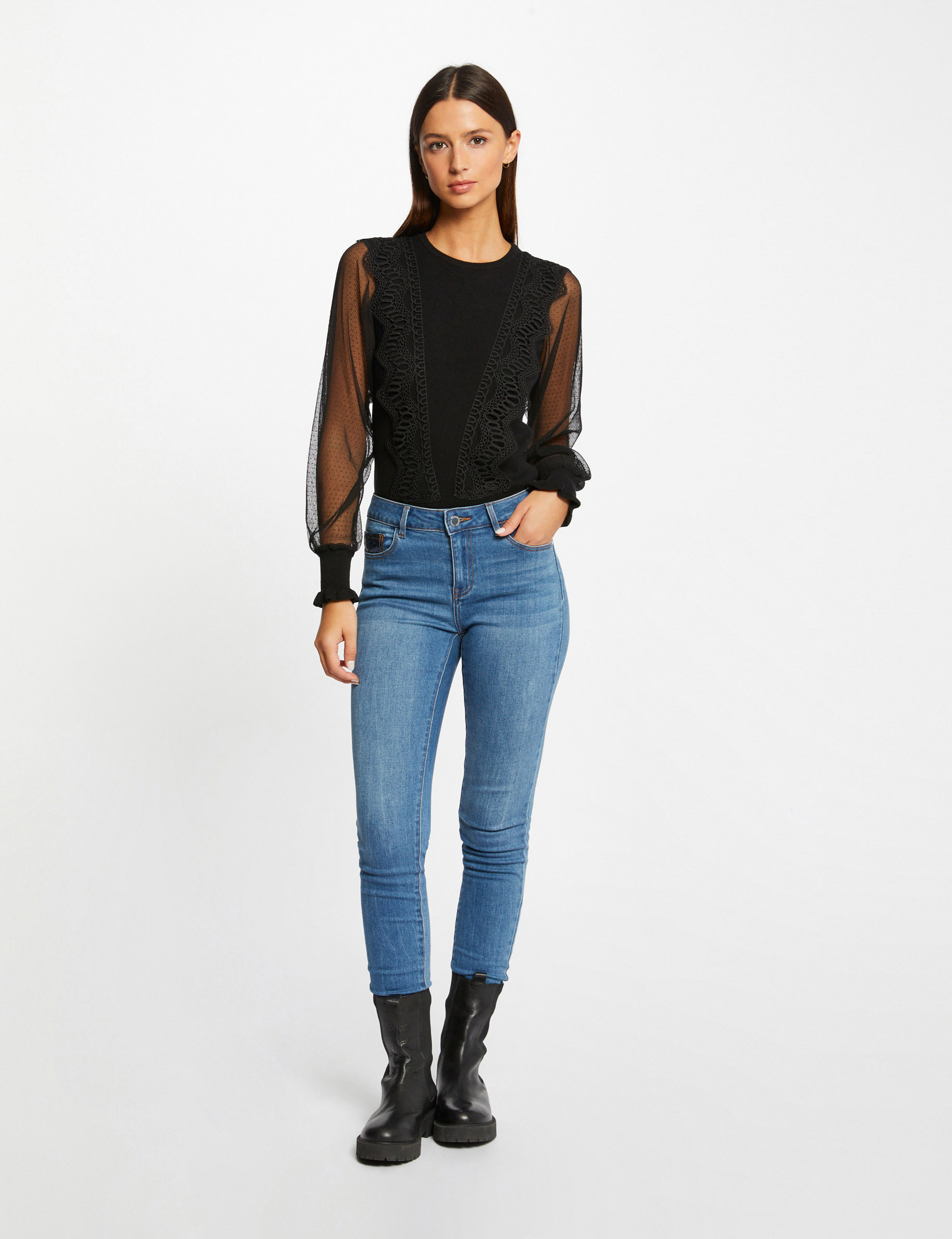 pull manches longues en plumetis noir femme Pull manches longues en plumetis noir femme